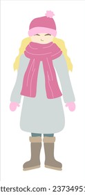 Blond Flat girl in Winter Clothes. Warm Hat, Scarf, Coat, Mittens or Gloves and Boots. Vector illustration isolated on white background. Young woman in female Garment. Pink color. Cute Design art.