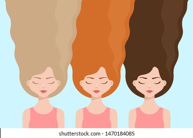 Blond, ginger and brunette girls with long loose hairs flowing upwards. Concept of hair care, healthy hairs and beauty trends