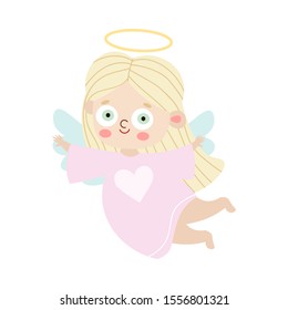 Blond girl angel with wings and halo flying vector illustration