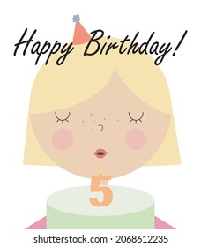 Blond Girl Blowing out Birthday Cake Candle with the number 5. Baby Character Celebrate Birth Party. Cartoon Vector Illustration.
