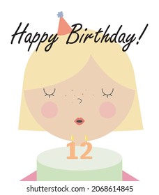 Blond Girl Blowing out Birthday Cake Candle with the number 12. Baby Character Celebrate Birth Party. Cartoon Vector Illustration.
