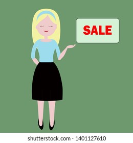 Blond girl in blue top and black skirt is pointing at the red word sale against green isolated background.