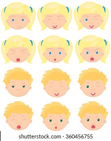 Blond girl and boy emotions: joy, surprise, fear, sadness, sorrow, crying, laughing, cunning wink. Vector cartoon illustration