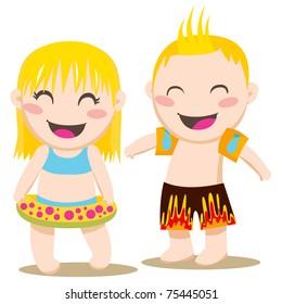 Blond girl and boy ready to swim with swimming ring and inflatable armbands