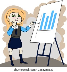 blond girl in business clothes thinks about scheme problem on blackboard