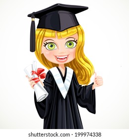 Blond girl in cap and gown graduate holding a scroll diploma