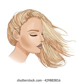 Blond girl with closed eyes and flowing hair