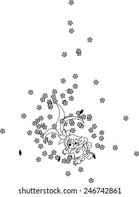 A blond girl dancing brilliantly with cherry blossoms.