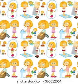 Blond girl doing different activities illustration