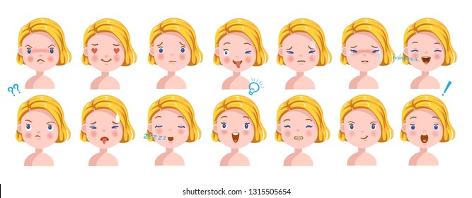 Blond girl facial emotions set. Child face with different expressions.  Variety of emotions children. female heads show a variety of moods and differences. Schoolboy portrait avatars. Isolated 