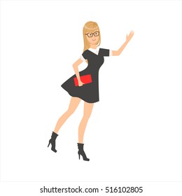 Blond Girl In Glasses And Pretty Black Dress Wearing High Heels And Catching Taxi, Part Of Women Different Lifestyles Collection