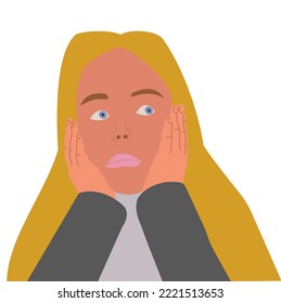 Blond girl with her face in her hands and with blue eyes looking up; drawing flat colors cut out