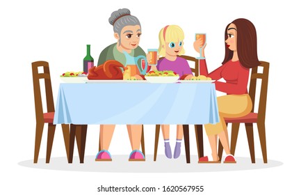 Blond girl, her mother or elder sister and grandmother sitting at table, chatting, eating, celebrating holidays. Family values, women s gathering. Vector cartoon illustration isolated on white.