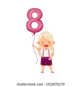 Blond Girl Holding Purple Number Shaped Balloon by the String Vector Illustration