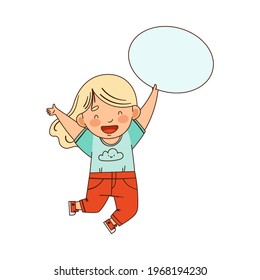 Blond Girl Jumping mit Leer Oval Plaque Vektorgrafik