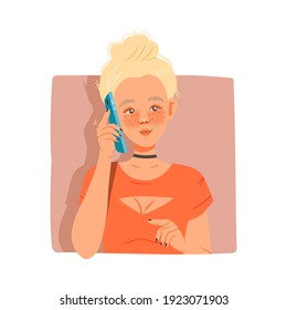 Blond Girl Looking Out Window and Speaking by Phone Vector Illustration