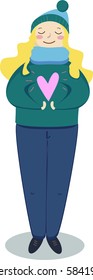 blond girl in love holding pink heart in her hands in blue jeans green coat scarf and hat
