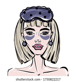 Blond girl makes eye mask.Young European woman make eye pathes.Spa treatment hand drawn vector illustration.