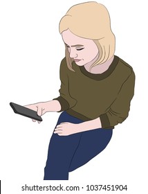 Blond girl on white background using mobile phone