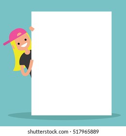 Blond girl peeping from behind a blank board mock up / Copy space. Your text here. Editable flat vector illustration, clip art