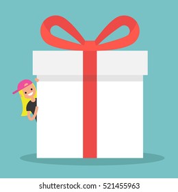 Blond girl peeping from behind a giant gift box / Copy space. Editable flat vector illustration, clip art