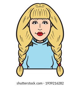 Chica rubia con pigtails y lápiz labial. avatar de historietas.