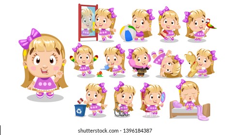 Blond girl in pink dress. Kid in different poses and situations: combs, plays, dances, waters, walks. Full length front and three quater view. Ready to use cartoon vector set isolated on white.