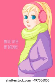 Blond girl in pink headphones. Music. 
