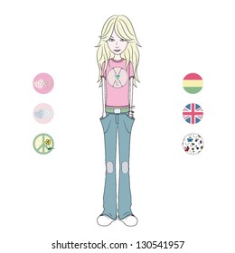 blond girl in pink t-shirt and blue jeans