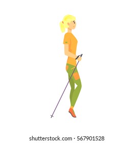 Blond Girl With Ponytail Doing Nordic Walk Outdoors Illustration