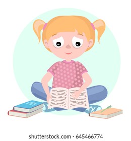 Blond girl is reading a book surrounded by piles of books and notebooks. Vector illustration.