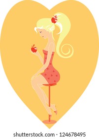 Blond girl with red apple. Vector illustration