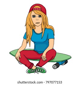 blond girl in a red cap sits on a long board