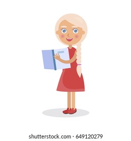 Blond girl in red dress holds open textbook vector illustration isolated. World Day of Book poster to promote reading, publishing and copyright