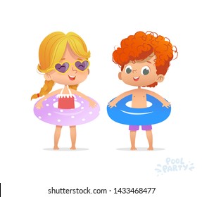 Blond Girl and Red hair boy in inflatable circle. Kid Friend Relax at Summer Multiracial Pool Party with Inflatable Ring. Beach Girl Character Isolated. Birthday Vacation Flat Cartoon Vector