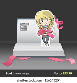 Blond girl with red ribbon in her hands inside a pop-up book. Vector illustration.