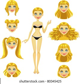 Blond girl with replaceable hairstyles
