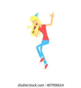 Blond Girl Singing In Karaoke Flat Isolated Simple Cartoon Style Vector Illustration On White Background