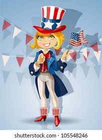 Blond girl in a suit of Uncle Sam Celebrates 4th of July