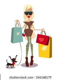 Blond girl in sunglasses with shop bags and little dog