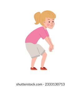 Blond girl volleyball player in sportswear stretched out arms to hit the ball. Vector isolated illustration of cute cartoon character on white background. Happy kid play volleyball sport game.