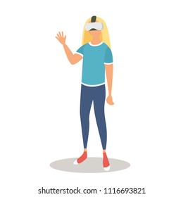 Blond girl wearing virtual reality glasses. VR device, escapeng reality, gamer, internet surfing concept. Isolated vector flat style image