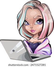 Blond girl woman freelancer, Female character working with a laptop, student, office worker, business woman, blogger