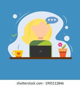 Blond girl, woman working or studying online with laptop, cap of hot drink and flower on the table. Quarantine home office, distance education, freelance work concept, flat vector illustration. 