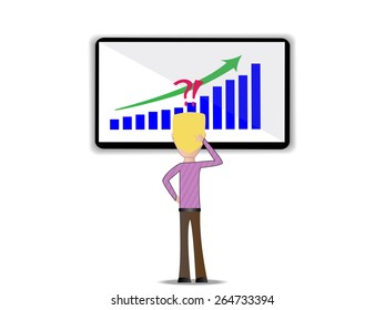 Blond guy character looking on television with chart