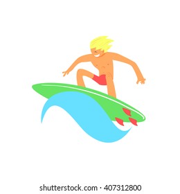 Blond Guy On Green Surfboard Illustration Flat Isolated Cartoon Simple Design Illustration In Bright Colors On White Background