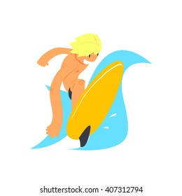Blond Guy On Yellow Surfboard Flat Isolated Cartoon Simple Design Illustration In Bright Colors On White Background
