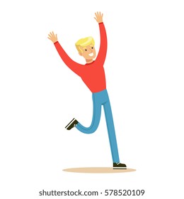 Blond Guy In Red Sweater Overwhelmed With Happiness And Joyfully Ecstatic, Happy Smiling Cartoon Character