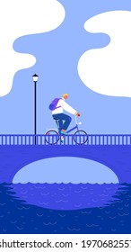 A blond guy riding a folding bicycle on the bridge by the river. Blue sky and clouds on the background