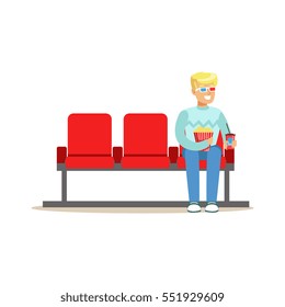 Blond Guy Sitting In Cinema Room Alone With 3D Glasses, Part Of Happy People In Movie Theatre Series
